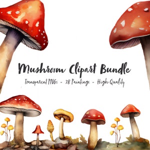 Aquarell Pilze Clipart Bundle - Mystisch, Wald, Transparent, Hohe Qualität