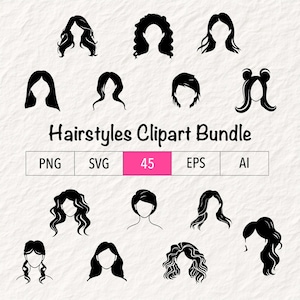 45 Hairstyles Clipart Collection - All types of hair, Long hair, Short hair, Messy bun, Curly hair, Straight hair. Vector, SVG, Transparent