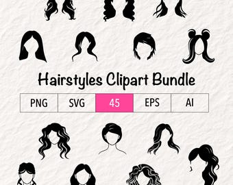 45 Hairstyles Clipart Collection - All types of hair, Long hair, Short hair, Messy bun, Curly hair, Straight hair. Vector, SVG, Transparent