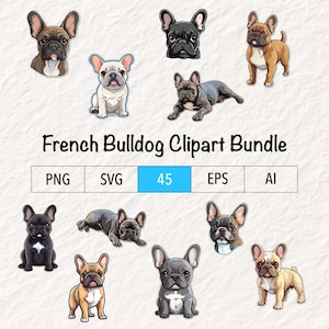 Pacote de 45 adoráveis clipart de buldogue francês, adesivos digitais, designs divertidos para fãs de buldogue francês