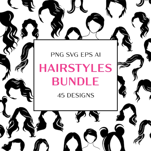 Colección de imágenes prediseñadas de peinado: todo tipo de cabello, cabello largo, cabello corto, moño desordenado, cabello rizado, cabello liso. Vector, SVG, Transparente