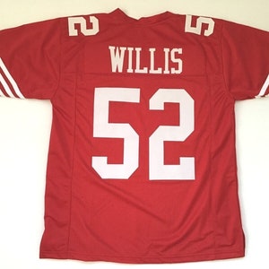 May include: Red football jersey with white lettering. The jersey has the name "WILLIS" and the number "52" on the back.