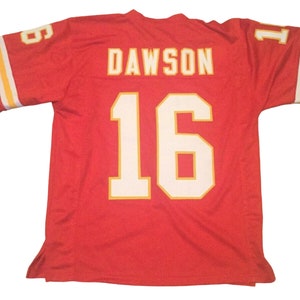 May include: Red football jersey with white and gold trim. The back of the jersey has the name "DAWSON" and the number "16" in white with a gold outline.