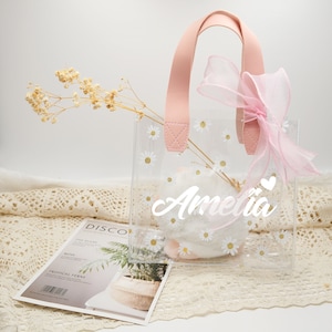 Blumenmädchen Vorschlag Geschenktüte, kundenspezifische Gänseblümchen-Geschenktasche mit Griffen, kundenspezifisches Geschenk für Blumenmädchen, personalisierte transparente Geschenktasche mit Band