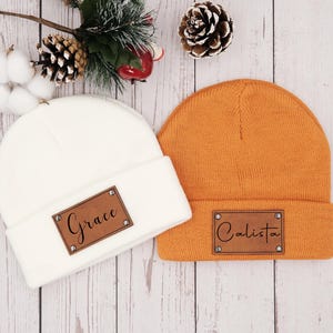 Custom Baby Beanie, Newborn Baby Beanie Hat, Kids Hat with Name, Baby Hats, Leather Name Patch Beanie, Birthday Gifts, Christmas Gifts