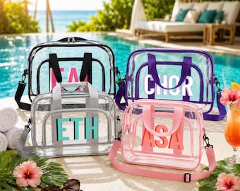 Custom Clear Travel Makeup Bag, Personalized Initial Cosmetic Pouch, Waterproof PVC Toiletry Bag, Gym Bags, Bridesmaid Party Favor