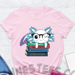 Axolotl Reading Books Shirt, Girls Boys Reader Cute T-Shirt, Neotenic Ambystoma Mexican Salamander, Axolotls Amphibian Lover Gift