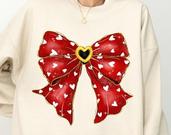 Coquette Valentine's Day Heart Bow Sweatshirt, Retro Valentine Shirt, Valentines day Bow Shirt, Bow Valentine Gifts, Coquette Bow T Shirt