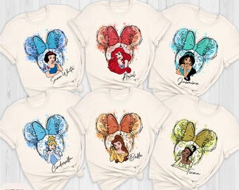 Disney Princess Shirt, Disney Princess Birthday Shirt, Watercolor Disney Princess T-Shirt, Princess Matching Tees, Tiana, Ariel, Tinkerbell