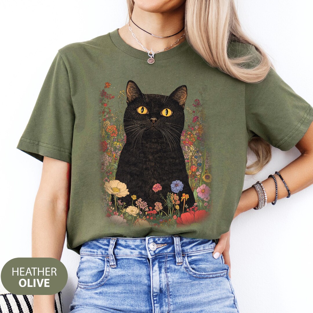 Vintage Boho Black Cat Floral T-shirt, Floral Black Cat Boho Shirt ...