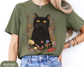 Vintage Boho Black Cat Floral T-shirt, Floral Black Cat Boho Shirt, Trendy Floral Shirt, Cat Lover Shirt, Klimt Cat Wildflower Graphic Shirt