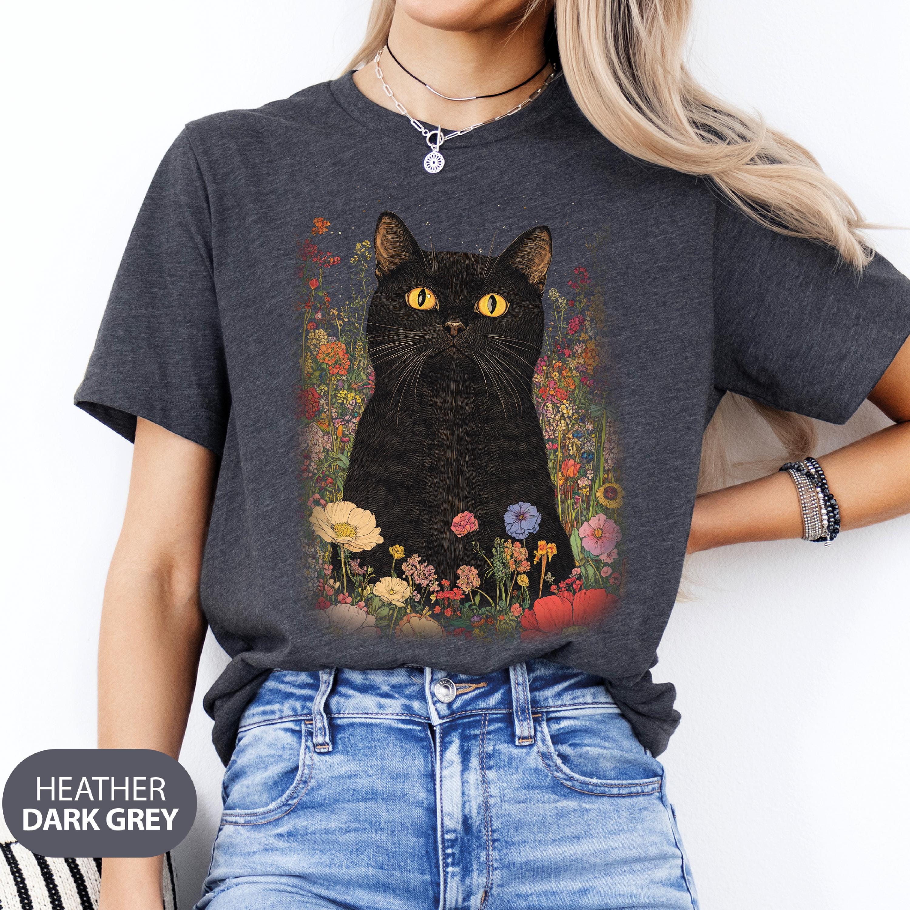 Vintage Boho Black Cat Floral T-shirt, Floral Black Cat Boho Shirt ...