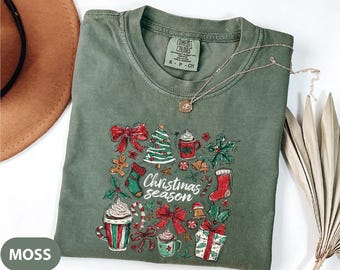 Comfort Colors® Preppy Christmas Shirt, Xmas Coquette Bow Shirt, Cute Christmas Doodles Shirt, Merry Christmas Shirt