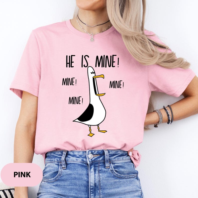 May include: Pink t-shirt with a cartoon seagull and the text "He is mine!" with the word "mine!" repeated three times.