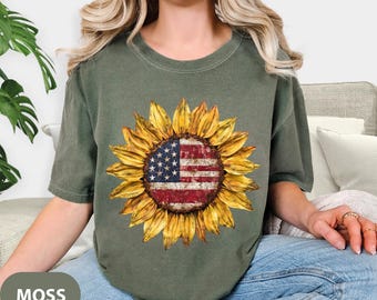 America Sunflower T-shirt, USA Flag Shirt, Retro 4th Of July, American Mom Gift, 4th Of July Flag Tee, Independence Comfort Colors® Shirt