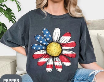 America Sunflower T-shirt, USA Flag Shirt, Retro 4th Of July, American Mom Gift, 4th Of July Flag Tee, Independence Comfort Colors® Shirt