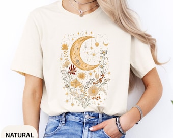 Boho Floral Moon Shirt, Vintage Moon and Stars Floral Shirt, Botanical Tee, Nature Lover Gift, Mystical Garden Sweatshirt, Mystical Moon Tee