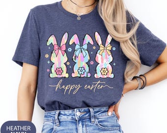 Coquette Bow Bunnies Happy Easter Shirt, Cute Bunny Sweatshirt, Rabbit Tee, Happy Easter Day Gift, Bunny Easter, Cute Easter Shirt