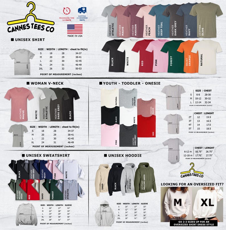 May include: A chart showing different sizes and colors of t-shirts, sweatshirts, hoodies, and onesies. The chart includes a size guide for each type of garment, with measurements in inches. The chart also includes a list of available colors for each garment type.