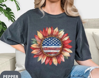Retro America Sunflower T-shirt, USA Flag Shirt, 4th Of July, American Mom Gift, 4th Of July Flag Tee, Independence Shirt Comfort Colors®
