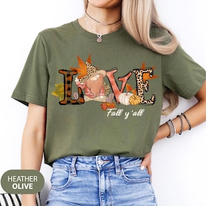Love Fall Y&#39;All Shirt, Leopard Print Fall Shirt, Thanksgiving, Hello Pumpkin, Fall Vibes, Family Thanksgiving Shirt, Peace Love Thanksgiving