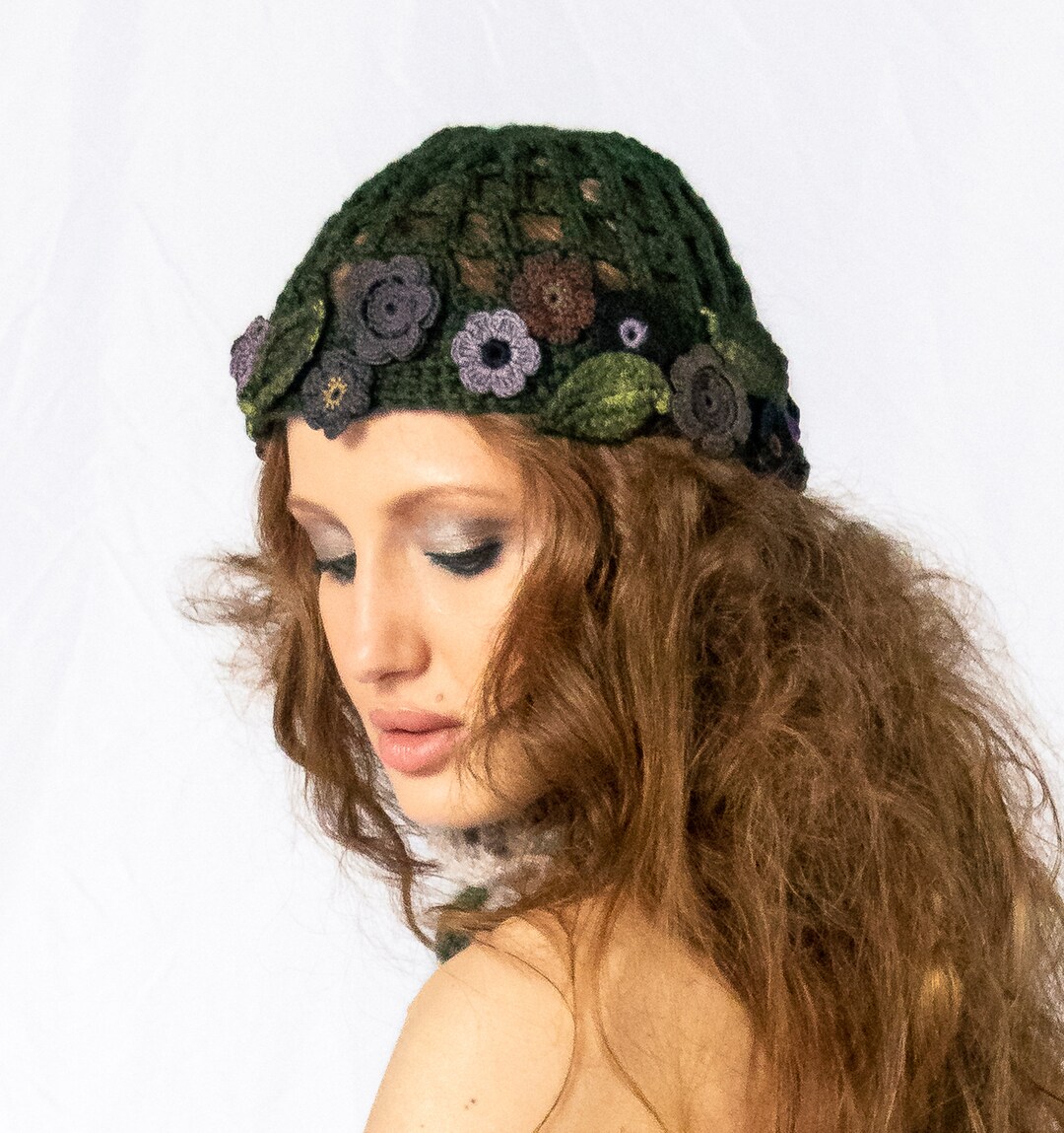 Handmade Crochet Juliette Lace Cap / Floral Cloche Hat - Violet Coquette Hand-crocheted and Hand-dyed Juliet Cap With Floral  main image 4