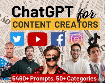 May include: A digital graphic titled ChatGPT for CONTENT CREATORS featuring social media icons for Twitter, YouTube, Facebook, Instagram, and TikTok, alongside five diverse individuals and the text 5460+ Prompts, 50+ Categories on a newspaper background.