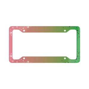 May include: Car number plate frame with a pink to green gradient. The frame has a rectangular aperture and is decorated with small white sparkles and tiny black stars.