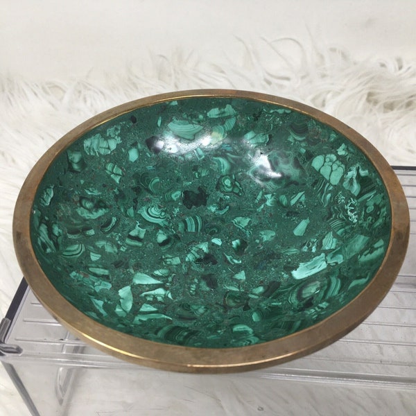 African Congo Carved Malachite Bowl W/ Brass Rim 6.25” X 2” Green Crystal Healin
