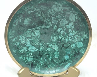 African Congo Carved Malachite Bowl W/ Brass Rim 7.75” 1lb 4.8oz  Green Crystal