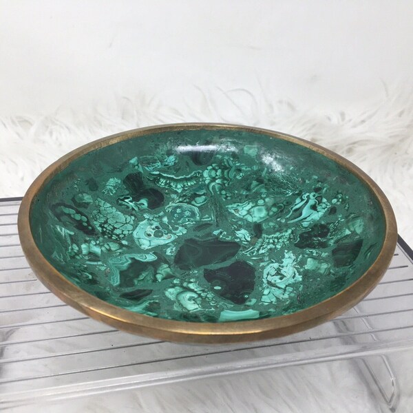 African Congo Carved Malachite Bowl W/ Brass Rim 6.”5 X 1.75” Green Crystal