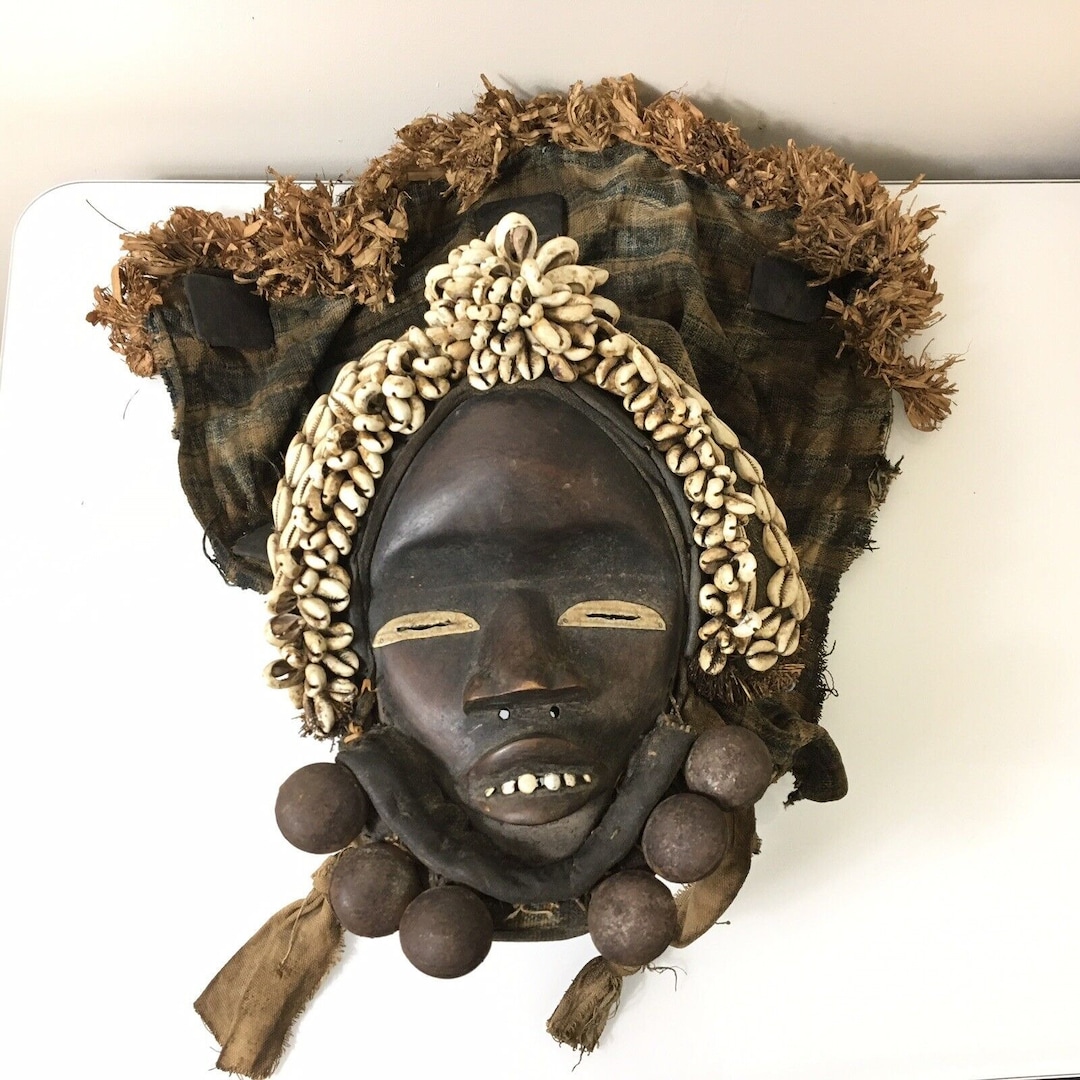 Antique Dan African Tribal Ceremonial Mask With Cowrie Shells Bells ...