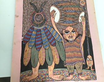 Rasheed Adelodun Nigerian Künstler Oshogbo Schule Stift Tinte Farbe 1981 Maskerade