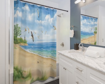 Zasłona prysznicowa z motywem tropikalnej plaży, 71 x 74" Zasłona prysznicowa z motywem oceanu