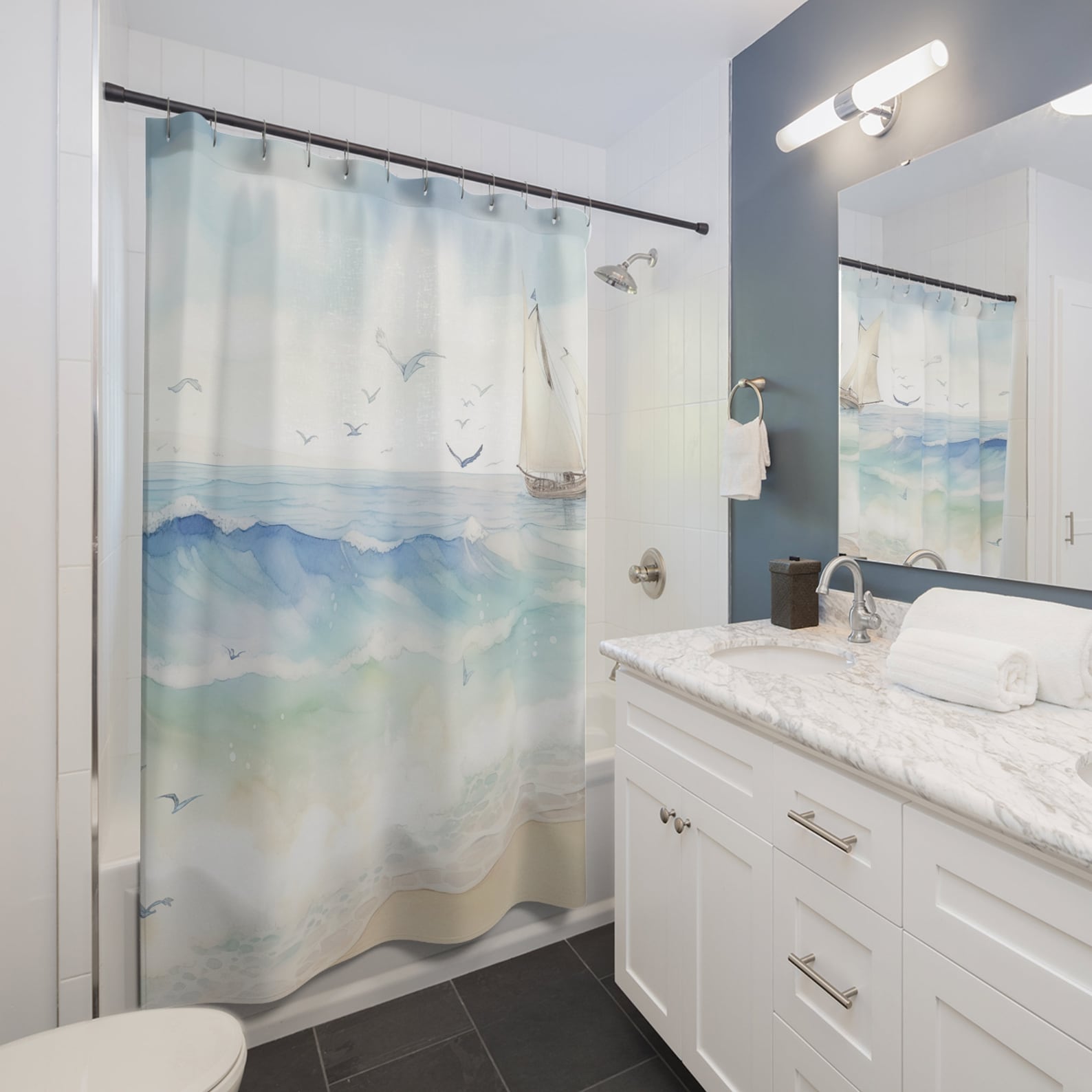Serene Beach Scene With Sailboat Shower Curtain Fabric Bath Curtain 71
