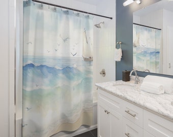 Serene Beach Scene with Sailboat Shower Curtain Fabric Bath Curtain 71 x 74" Ocean Shower Curtain