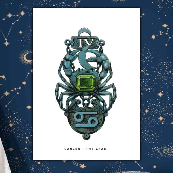 Cancer The Crab, Zodiac Star Sign, Astrology Illustration Wall Hanging Poster.