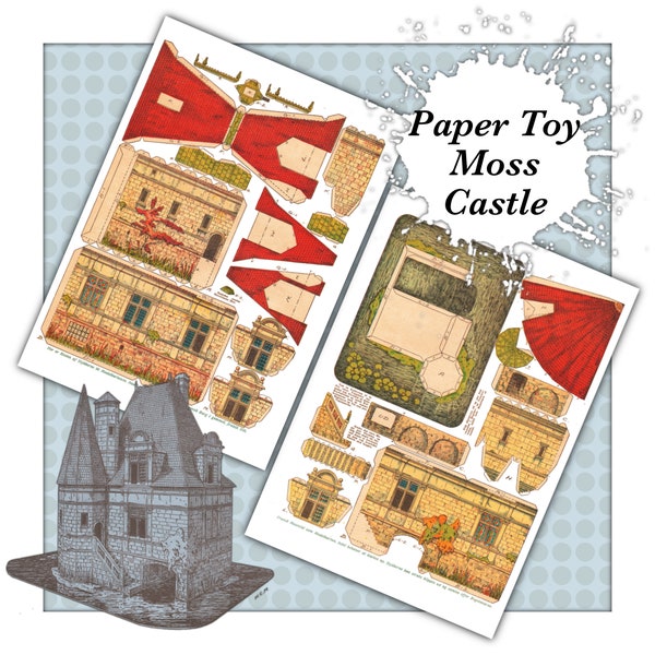 Antique Vintage Paper Toy Construction Digital Download Template, Cut out Moss Castle Make Your Own Print out Paper Craft Model Castle.