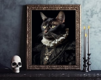 Gothic Black Cat Art Print | Dark Academia | Renaissance Animal Painting | Animal Lover Home Decor Gift | Cat Gift |  Animal Head Human Body