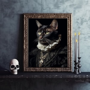 Gothic Black Cat Art Print | Dark Academia | Renaissance Animal Painting | Animal Lover Home Decor Gift | Cat Gift |  Animal Head Human Body