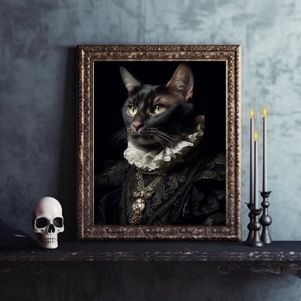 Gothic Black Cat Art Print | Dark Academia | Renaissance Animal Painting | Animal Lover Home Decor Gift | Cat Gift |  Animal Head Human Body