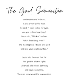 Puede incluir: Texto en blanco y negro sobre un fondo blanco. El texto dice "El Buen Samaritano" y cuenta la historia de un hombre que quiere vivir para siempre y le pregunta a Jesús cómo hacerlo. Jesús le dice que ame a Dios y a su prójimo. El hombre conoce la ley pero no puede amar perfectamente debido al pecado.