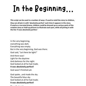 May include: A black and white text-based image with the title "In the Beginning..." and a poem about the creation of the world. The poem includes the phrase "It was absolutely perfect!" repeated several times.