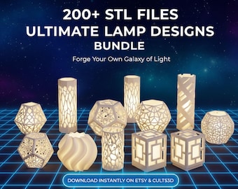 May include: A collection of white, 3D-printed lamps in various geometric shapes and cylindrical designs. The image includes text that reads "200+ STL FILES ULTIMATE LAMP DESIGNS BUNDLE" and "Forge Your Own Galaxy of Light". The lamps are illuminated, showcasing their intricate patterns.