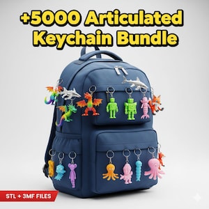 May include: A navy blue backpack adorned with various colorful, articulated keychain figures, including dragons, robots, and sea creatures. The text "+5000 Articulated Keychain Bundle" is displayed above the backpack. The bottom left corner displays "STL + 3MF FILES".