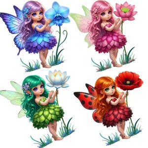 Puede incluir: Cuatro ilustraciones de hadas, cada una con un esquema de color único: morado, rosa, verde y rojo. Cada hada sostiene una flor y tiene alas a juego. Están representadas en un entorno herboso.