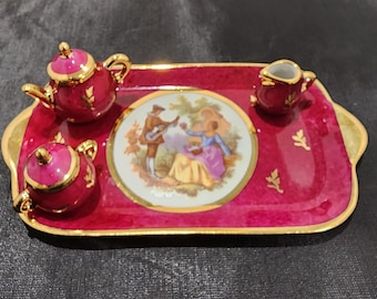 Vintage Limoge Miniature Red Burgandy Teapot Creamer Sugar and Tray