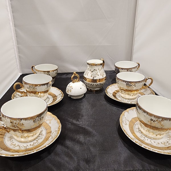 Vintage Limoges Porcelain Antique Tea Set with Golden Flowers