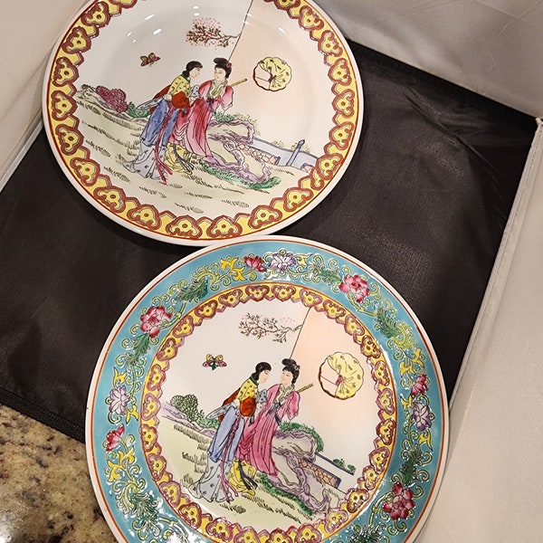 Vintage Chinese Famille Rose Hand Painted Plates