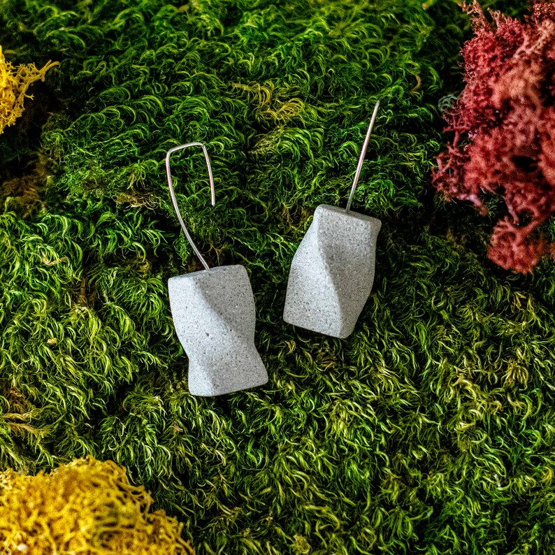 Spiral Cube Prism, Concrete Earring, Cement Jewerly, Modern Dangle Earrings, unique beton jewellery collection by rijitdesign image 2